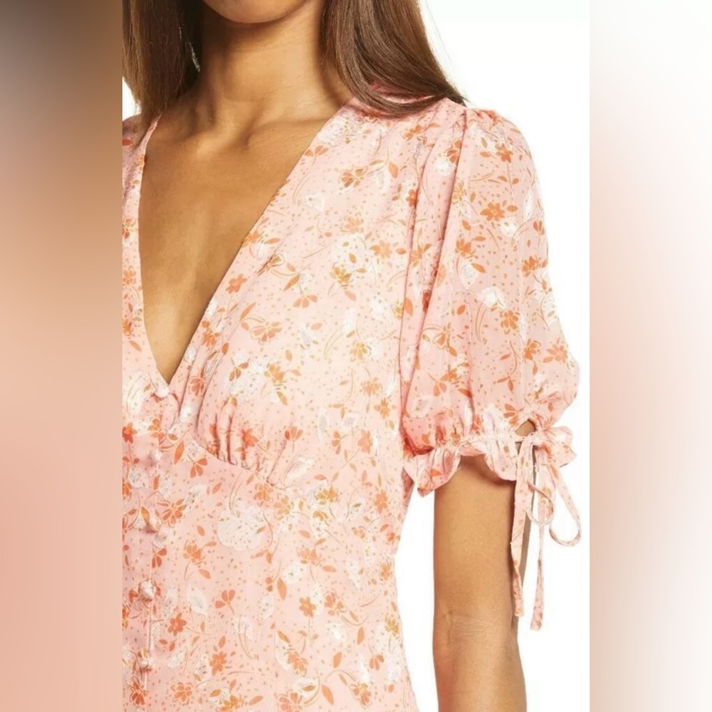 Chelsea 28 Prairie Coral Floral Tie Sleeve Ruffle Hem Midi Dress Size L(12/14)⭐️ - Picture 4 of 15